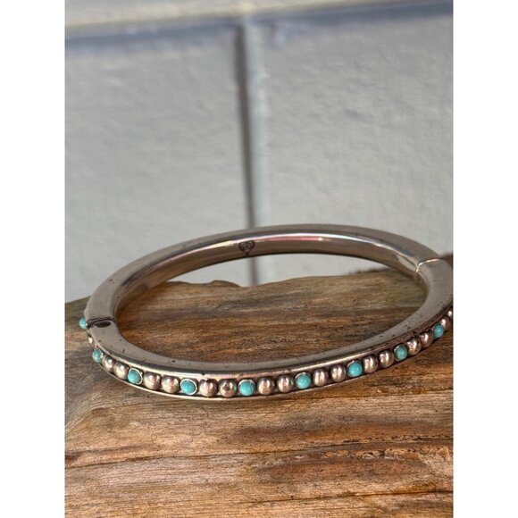 Brighton Silver-Tone Hinged Bangle With Turquoise Accents & Beaded Design - Picture 1 of 14